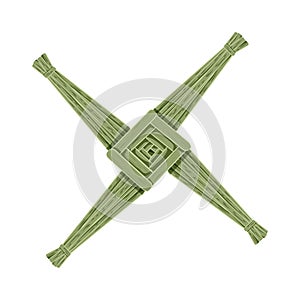 Brigid Cross made of green straw. Wiccan pagan symbol isolated element