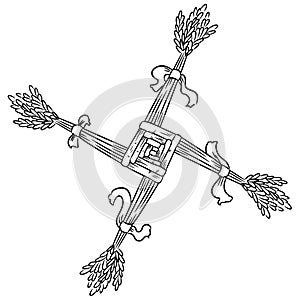 Brigid Cross made of straw. Wiccan pagan sketched symbol. Isolated element