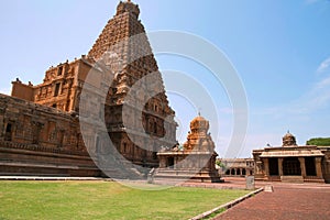 Brihadisvara Temple, Chandikesvara shrine and Subrahamaniyam shrine on the extreme right, Tanjore. View from North East.