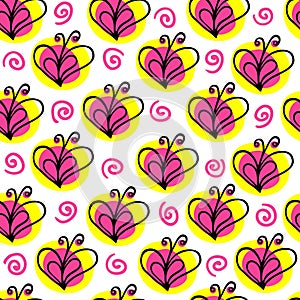 Briht butterfly and heart vector seamless pattern