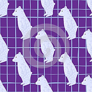 Briht nordic zoo seamles spattern with decorative polar bear silhouettes print. Purple chequered background