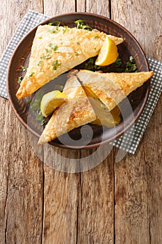 Brik Tunisian savory filo dough pastry stuffed with tuna, vegetables and egg close-up in a plate. vertical top view