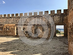 Brik wall of old castle ruins in Frango at Crete island, Greece