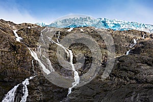 Briksdal glacier, waterfall in Norway