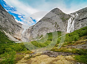 Briksdalbreen glacier and waterfall, Jostedalsbreen National Park in Norway