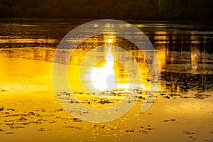 Brillant Sunset Reflections With Raindrops On A Lake photo