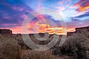 The brilliant colors of a sunrise reflecting on clouds over the top of a canyon wall with desert vegetation in the foreground