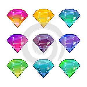 Brilliant diamonds in different colors. Vector cartoon set for game design