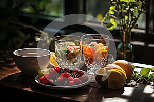 A brilliant display of summer-sweet citrus fruits, arranged on a crisp white table and gleaming glass drinkware
