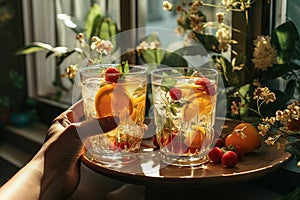 A brilliant display of summer-sweet citrus fruits, arranged on a crisp white table and gleaming glass drinkware