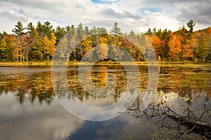 Brilliant fall foliage around Morey Pond in Wilmot, New Hampshire
