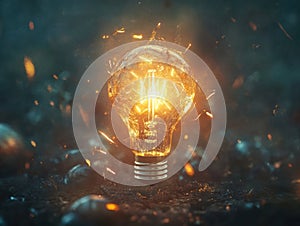 Brilliant Innovation Spark Light Bulb Emitting Energy Particles of Creativity and Invention Ideas . photo