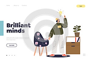 Brilliant mind and creative idea landing page concept with young man and light bulb