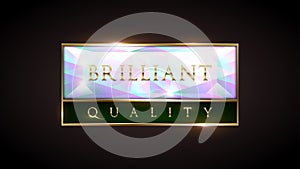 Brilliant quality product banner tag. Premium rectangle diamond label with golden frame and green line on black background. Dark