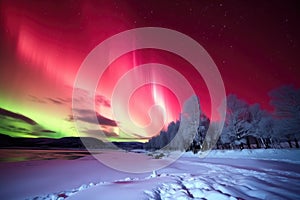 brilliant red aurora australis over treeless snowy landscape photo