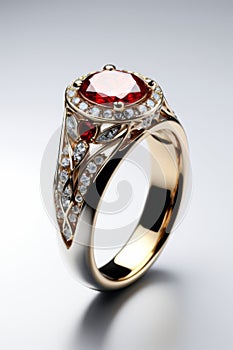 Close up of exquisite ruby and diamond ring,Generative AI