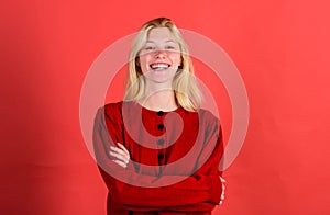 Brilliant smile concept. Girl blonde happy smiling face over red background. Emotional woman happy smiling face. Sincere