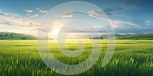 Brilliant Summer Landscape with Green Grass Field and Blue Sky. Perfect for Posters and Web.