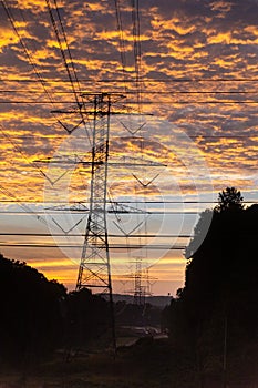 Brilliant sunrise over the vast power lines in Georgia.