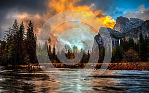 Brilliant Sunset on Yosemite Valley View, Yosemite National Park, California