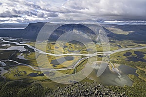 Brilliant view from Skierfe on river valley table mountain Tjakkali, delta landscape