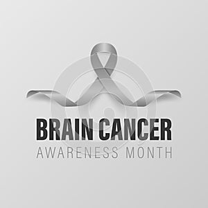 Brin Cancer Banner, Card, Placard with Vector 3d Realistic Grey Ribbon on Grey Background. Brain Cancer Awareness Month