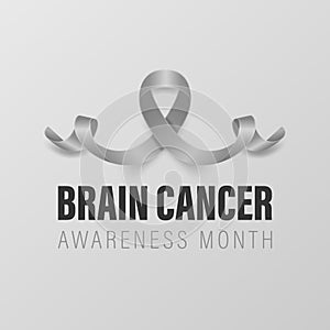 Brin Cancer Banner, Card, Placard with Vector 3d Realistic Grey Ribbon on Grey Background. Brain Cancer Awareness Month