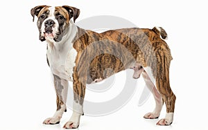 A brindle American Bulldog stands attentively, showcasing its striking brindle coat pattern and sturdy physique. The