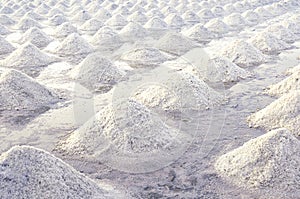 Brine salt farm at Samut Sakhon, Thailand. Organic sea salt. Evaporation and crystallization of sea water. Raw material of salt