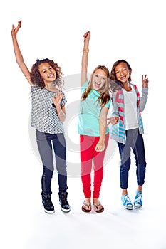 We bring the fun. Studio shot of a group of young friends having fun against a white background.