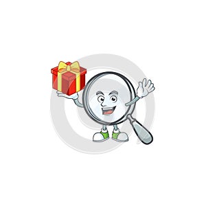 Bring gift magnifying glass cartoon character with mascot