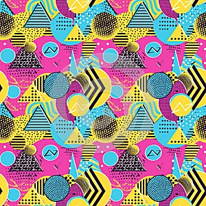 Seamless Neon 90s Geometric Pattern with Triangles, Circles, and Zigzags for Retro-Inspired Prints photo