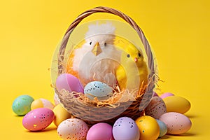 Bring some Easter cheer with a top view photo of a basket filled with colorful eggs