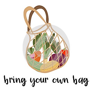 Bring your own bag - lettering. eco bag with vegetables: carrot, tomato, onion. Flat cartoon vector illustration for print or