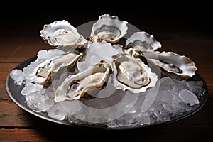 Briny Raw oysters on ice platter. Generate ai photo