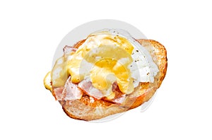 Brioche sandwich with bacon, egg Benedict and hollandaise sauce. Isolated on white background. Top view.