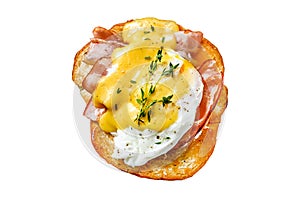 Brioche sandwich with bacon, egg Benedict and hollandaise sauce. Isolated on white background. Top view.