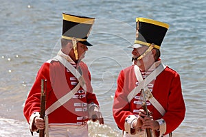 BRISBANE, AUSTRALIA - SEPTEMBER 16 : Unidentified men in soldier re-enactment costume milling as part of the Redcliffe First