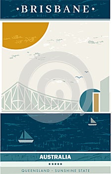 Brisbane city river story bridge poster illustration