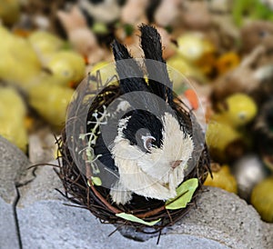 Bristle Brush toy decorative black and white bunny rabbit in next perched in front of blurred yellow toy chicks