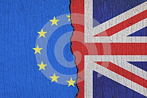 Britain flag breaking apart from European Union flag - Brexit concept