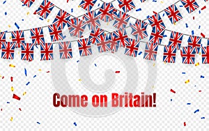 Britain garland flag with confetti on transparent background, Hang bunting for celebration template banner, Vector illustration