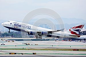 One World British Airways Boeing B747 plane taking off from Los Angeles Airport LAX