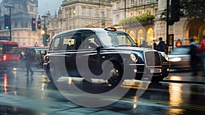 British black cab taxi on London Street motion blur, travel and transportation concept