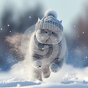 British breed cat in a hat and scarf runs through the snow