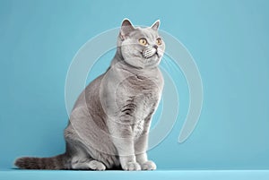 British cat on a blue background, gray color type, fluffy fur, with copy space
