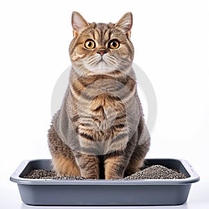British cat in a cat litter box
