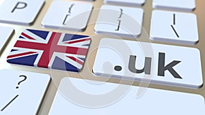 British domain .uk and flag of the UK on the buttons on the computer keyboard. National internet related 3D animation