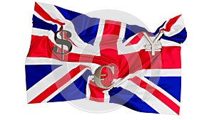 British Flag with International Currency Symbols Showcasing Financial Influence
