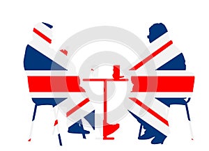 British flag over Fat friends sitting and drinking beer in pub vector isolated. Big boys talking and enjoy in drink.